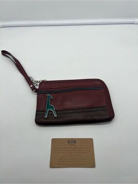 FOSSIL Safari Giraffe Accent Dark Red Brown Leather Zip Around Wristlet Clutch